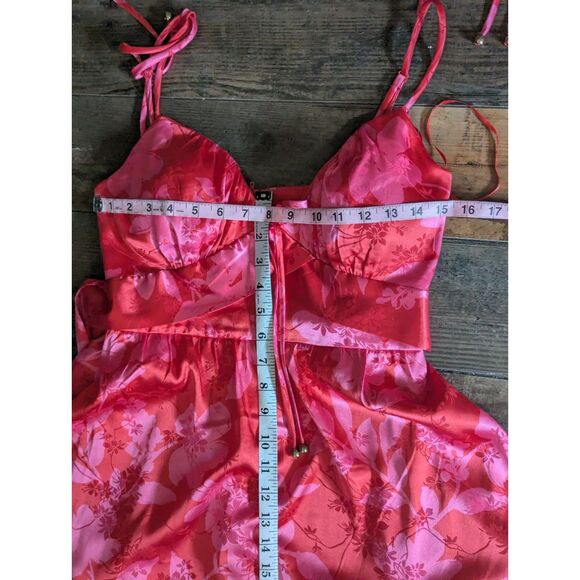 CRYSTAL DOLL Tiered Maxi Gown M Red Pink Floral Satin Fantasy Fairy Formal Dress - Picture 7 of 9